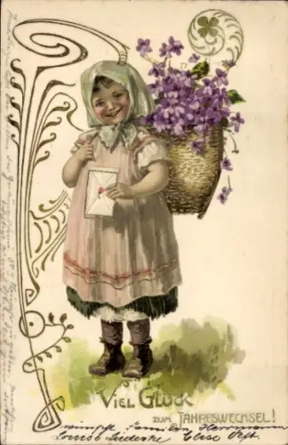 Litho Glückwunsch Neujahr, Mädchen, Korb, Veilchen, Brief, Glücksklee