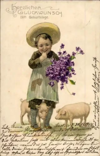 Ak Glückwunsch Geburtstag, Kind, Blumen, Schweine