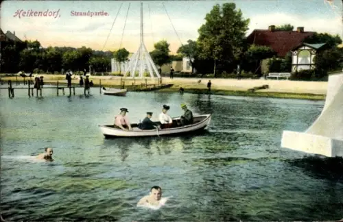 Ak Heikendorf an der Kieler Förde,  Strandpartie, Ruderboot, Schwimmer, Badegäste, Steg, Strand