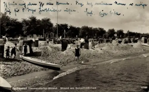 Ak Ostseebad Timmendorfer Strand, Ostseebad  Strand am Seeschlößchen, Strandkörbe, Ruderboot