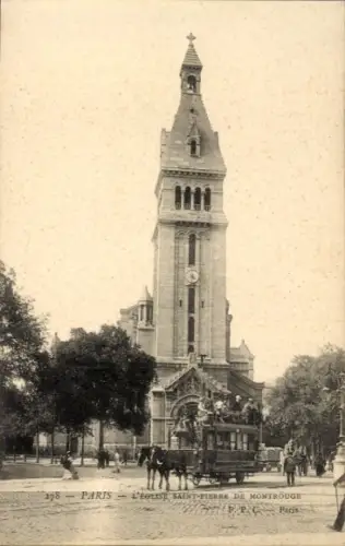 Ak Paris XIV, Eglise Saint Pierre de Montrouge, Pferdebahn