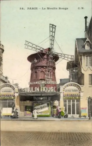 Ak Paris XVIII Montmartre, Paris, Le Moulin Rouge, Moulin Rouge Windmühle, PROM NOIR Schriftzug