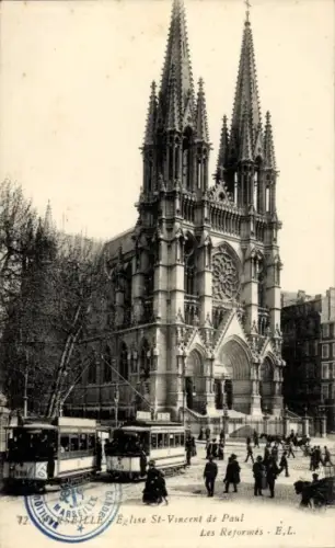 Ak Marseille Bouches du Rhône, Eglise St-Vincent de Paul, Straßenbahnen