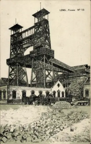 Ak Lens Pas de Calais, LENS Fosse N° 15, Bergwerksschacht mit Fördergerüst, Grubenwagen, Kohlenha