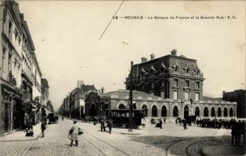 Ak Roubaix Nord, Französische Bank an der Hauptstraße, Tram