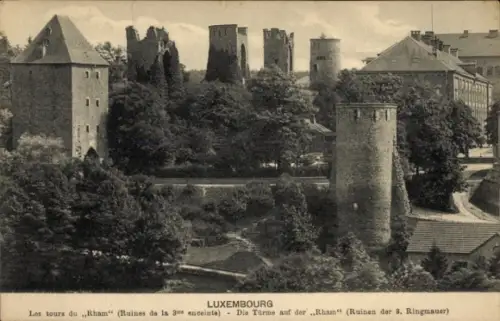 Ak Luxemburg Luxembourg, Türme auf der Rham (Ruinen der 8. Ringmauer)