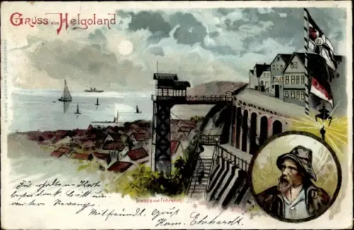 Mondschein Litho Nordseeinsel Helgoland, Treppe, Fahrstuhl, Flaggen, Seemann