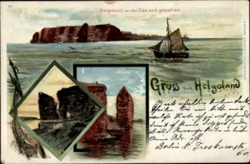 Litho Helgoland, von der See aus gesehen, Mönch, Eris Hörn, Segelboot, Felsen