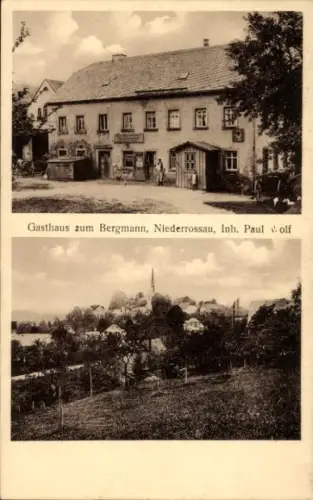 Ak Niederrossau Rossau in Sachsen, Gasthaus zum Bergmann,  Inh. Paul Wolf, Ortsansicht mit Kirche