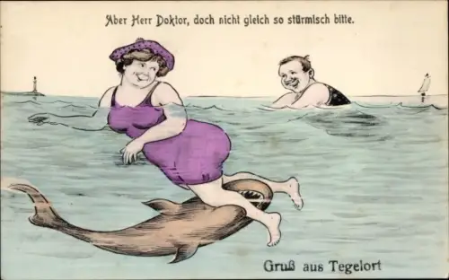 Künstler Ak Scheuermann, Willi, Tegelort, Herr Doktor, nicht so stürmisch, Hai beißt Frau ins Bein