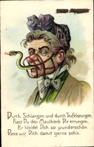 Ak Fröhliches Neujahr, Durch Schlangen und durch Teufelszungen hast Du den Maulkorb Dir errungen