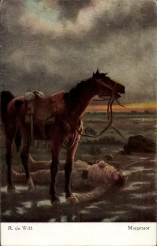 Künstler Ak de Witt, R., Morgenrot in Feindesland, Toter Soldat, Pferd