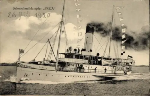 Ak Salonschnelldampfer Freia auf hoher See, Reederei Braeunlich Stettin
