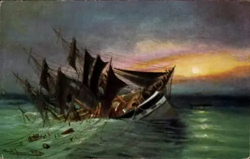 Künstler Ak Gekentertes Segelschiff, Besatzung über Bord
