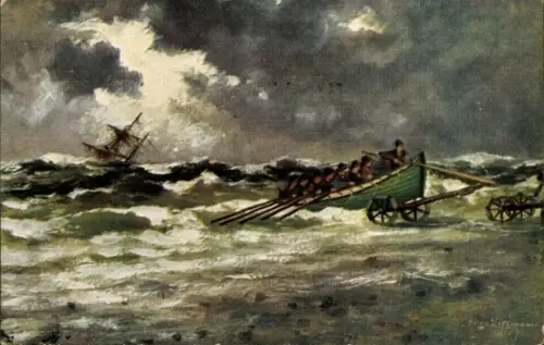 Künstler Ak Segelschiff, Schiffbruch auf stürmischer See, Besatzung im Rettungsboot