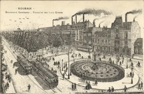 Ak Roubaix Nord, Boulevard Gambetta, Brunnen der Drei Grazien