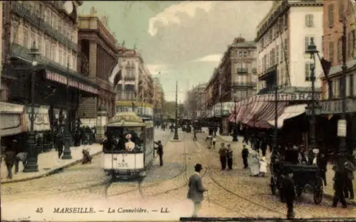 Ak Marseille Bouches du Rhône,  La Cannebière, Straßenbahn (Tram) 598