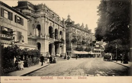 Ak Karlovy Vary Karlsbad Stadt,  Neue Wiese, Theater, Hermann Poy (Dresden)