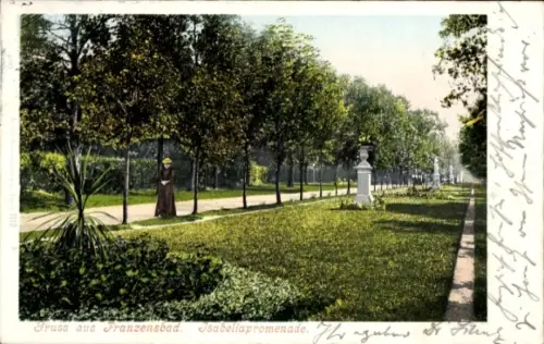 Ak Františkovy Lázně Franzensbad Region Karlsbad,  Isabellapromenade, Parkpromenade mit Statuen
