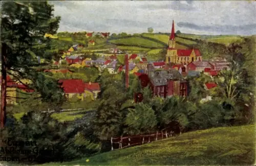 Ak Achouffe Houffalize Wallonien Luxemburg Belgien, Dorfansicht, Kirche mit spitzem Turm, Fabriks