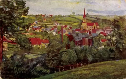 Ak Comblain au Pont Wallonien Lüttich Belgien, Kirche mit spitzem Turm, Schornstein, Dorfansicht,