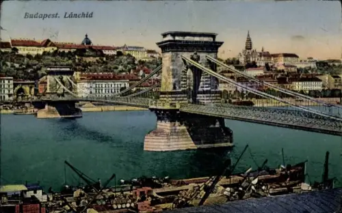 Ak Budapest Ungarn, Lánchid, Totale mit Brücke