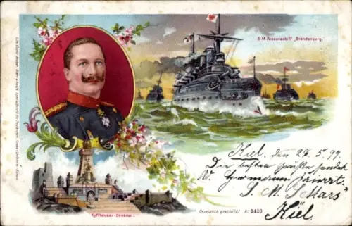 Litho Steinthaleben Kyffhäuserland in Thüringen, Kyffhäuser, Kaiser Wilhelm II., Schiff Brandenburg