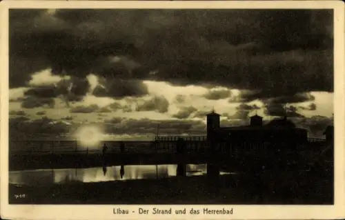 Ak Libau Lettland, Strand, Herrenbad, Sonnenuntergang
