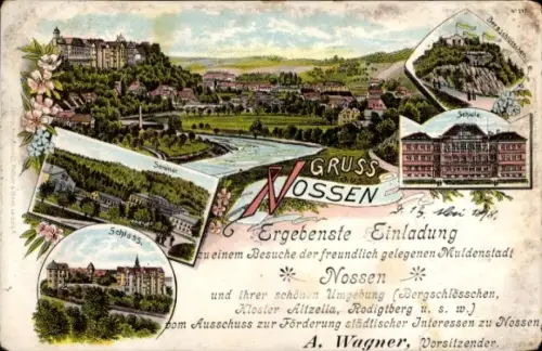 Litho Nossen in Sachsen, Bergschlösschen, Schloss, Seminar, Schule