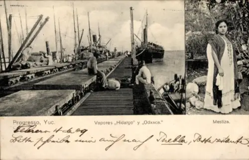 Ak Progreso Yucatán Mexiko, Hafen, Dampfer Hidalgo und Oaxaca, Frau in Tracht