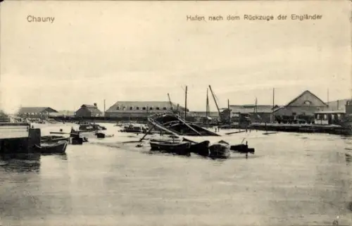 Ak Chauny Aisne, Hafen nach dem Rückzug der Engländer, 1. WK