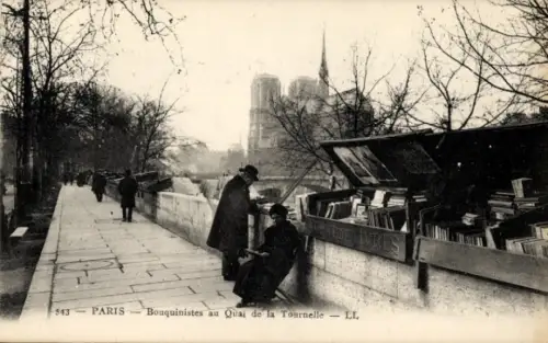 Ak Paris, Boulevard Saint Germain, Bouquinistes, Quai de la Tournelle, Paris, Notre-Dame