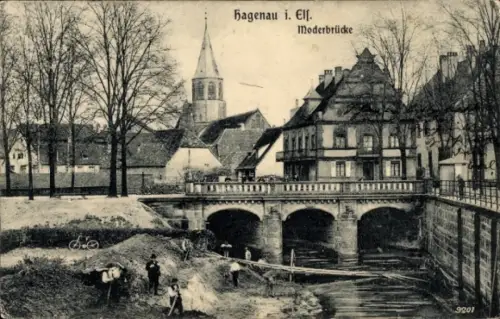 Ak Haguenau Hagenau im Elsass Bas Rhin,  Moderbrücke, Kirchturm