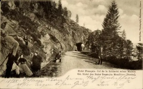 Ak Col de la Schlucht Vosges,  Hôtel Français, Gd. Hôtel des Bains Besançon, Schöpflin Mulhouse