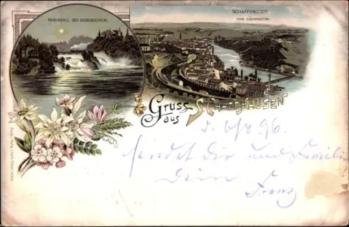 Litho Schaffhausen am Rhein Schweiz, Panorama vom Südwesten, Rheinfall bei Mondschein