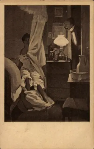 Künstler Ak von Reznicek, Ferdinand, Frau im Unterkleid, Bettvorhang