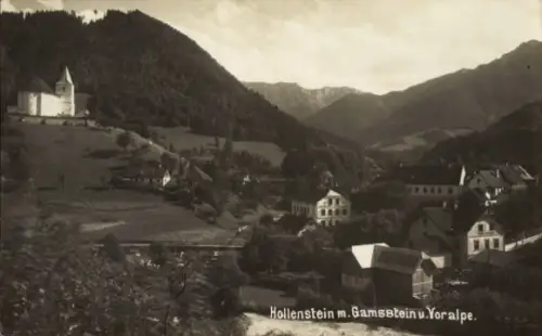 Ak Hollenstein an der Ybbs in Niederösterreich, Kirche auf Hügel, Dorf mit Häusern, Brücke über B