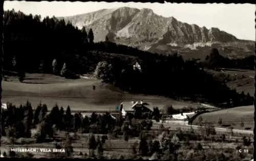 Ak Mitterbach am Erlaufsee Niederösterreich, Berggipfel, bewaldete Hänge, Wiesen, einzelnes Landh