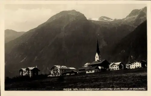 Ak Krimml in Salzburg, Kirchturm, mehrere Gasthöfe und Häuser, Feld im Vordergrund, Berge mit Gle