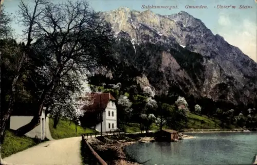 Ak Gmunden Oberösterreich, Partie am See, Baumblüte