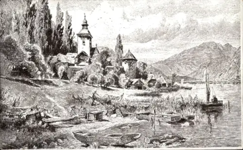 Ak Ossiach in Kärnten, Ufer mit Booten, Schilf und Bäumen, Bergkulisse, kleines Segelboot, Jahres