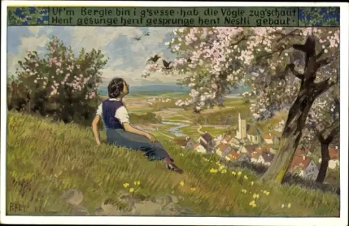 Lied Künstler Ak Hey, Paul, Volksliederkarten Nr. 74, Uf'm Bergli bin i g'sesse