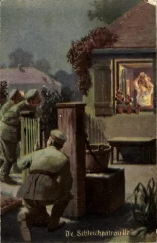 Ak Die Schleichpatrouille, Soldaten spannen, Frau am Fenster, Immer Fachmann