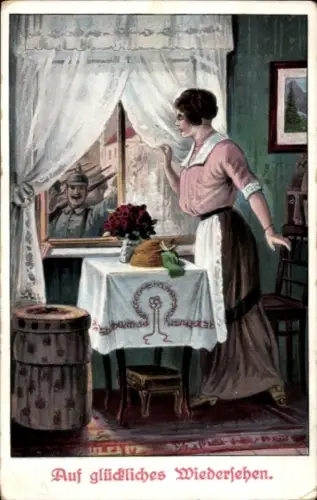 Künstler Ak Auf glückliches Wiedersehen, Soldat nimmt Abschied