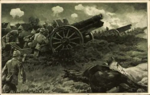 Künstler Ak Feldhaubitzen im Kampf, I. WK