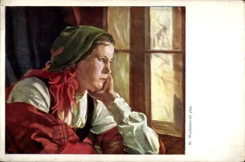 Künstler Ak Wodzinowski, W., Nachdenkliche Frau am Fenster, Polnische Tracht