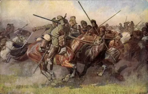 Künstler Ak Roloff, Reitergefecht, Deutsche Soldaten in Uniformen, Ulanen