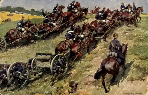 Künstler Ak Hoffmann, Anton, Infanterie auf dem Marsch, Soldaten, Geschütze