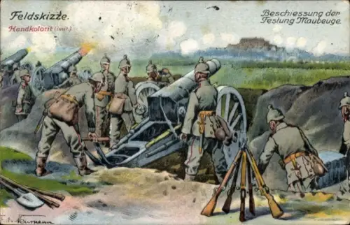 Künstler Ak Neumann,F, Beschießung der Festung Maubeuge