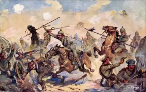 Künstler Ak Kiesslich, C.W., Deutsche Jäger zu Pferde im Angriff, Gegen englische Armee, I. WK